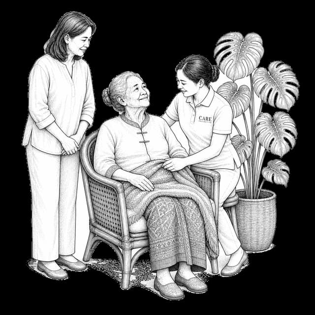 A caregiver supporting a senior in a gentle stretch