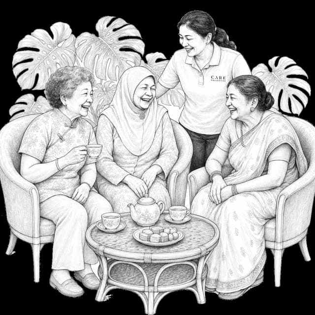 Seniors in a craft circle with a caregiver assisting