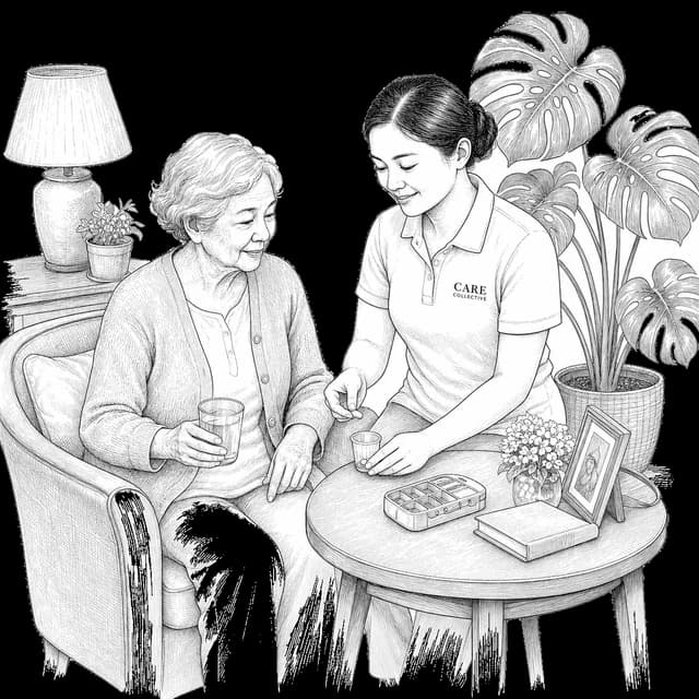 A caregiver assisting a senior with a coffee tray in their suite
