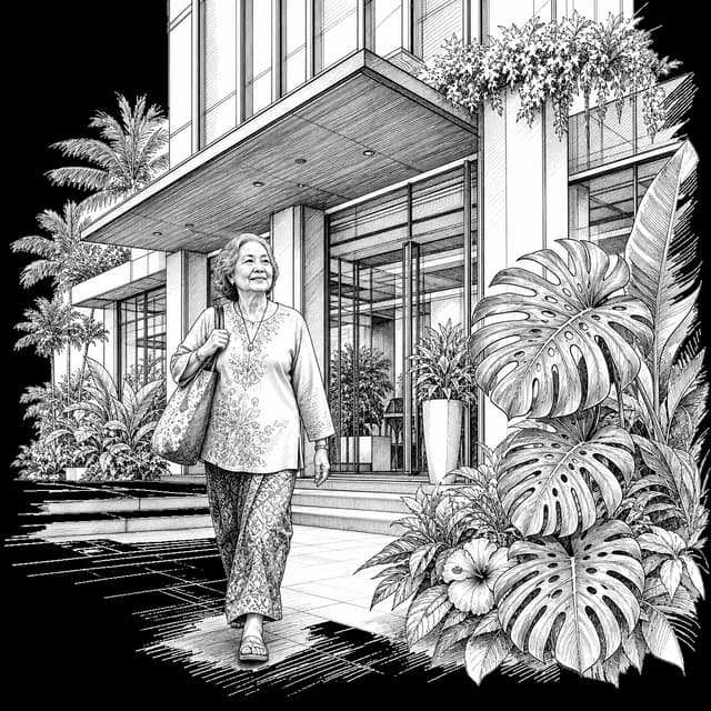 A senior heading out from the building lobby