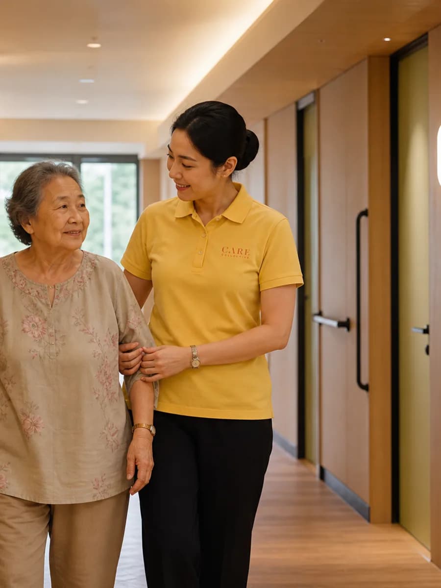 A Care Collective team member walking with a resident on the living floors