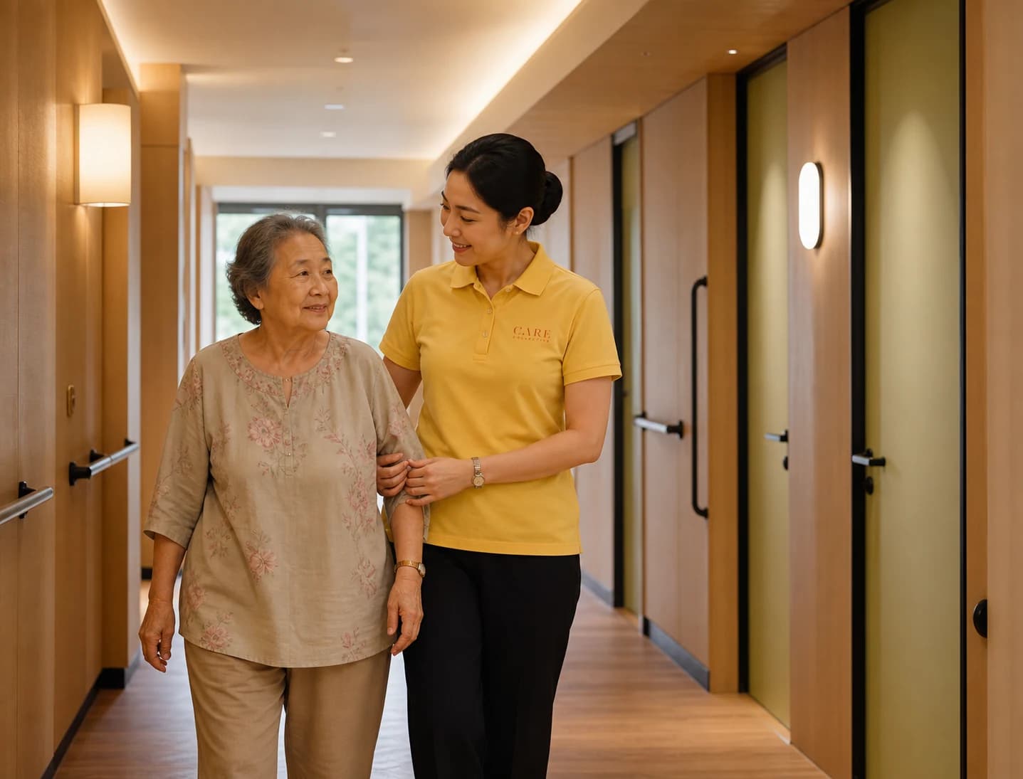 A quiet Care Collective corridor with staff support