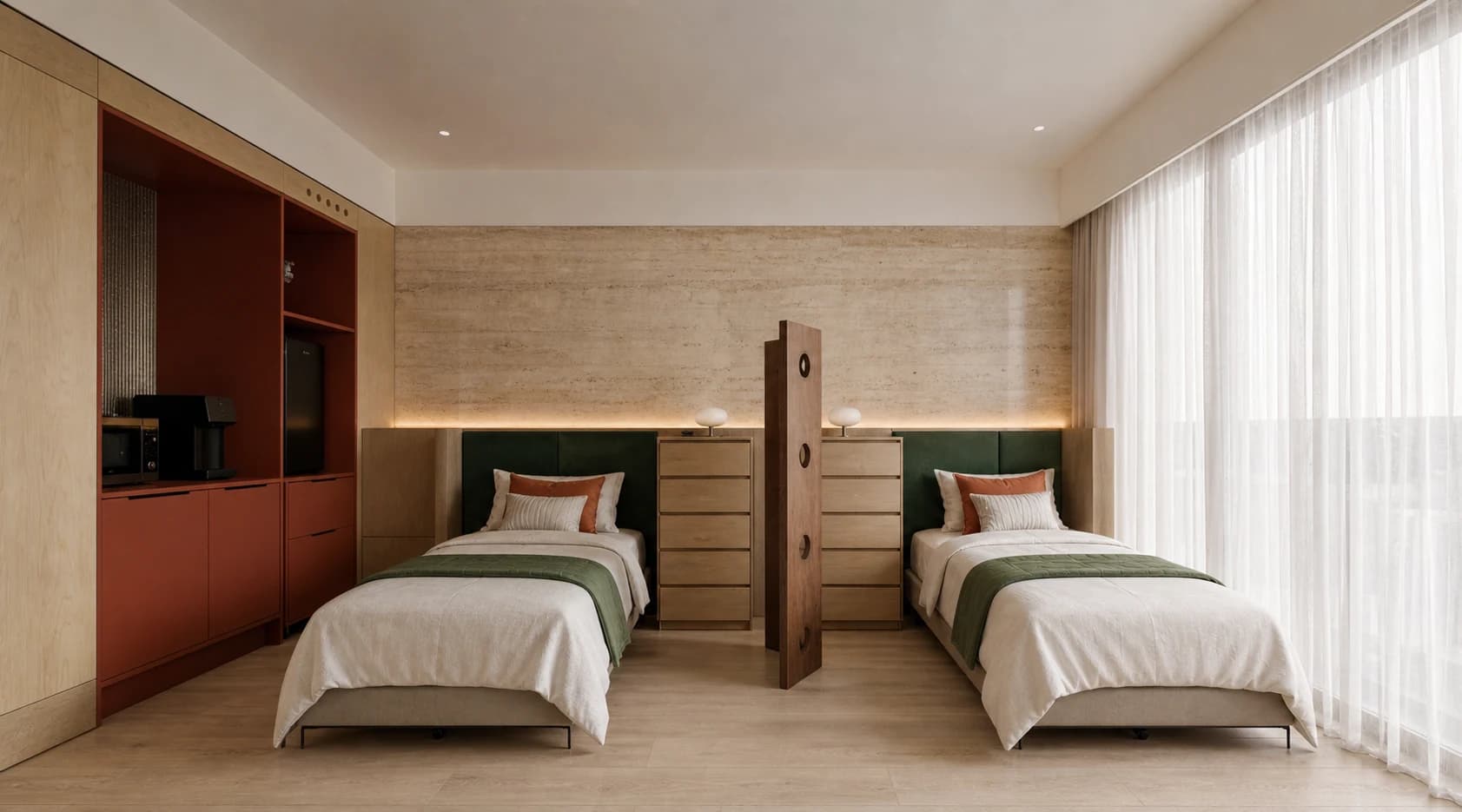 A twin room with a divider