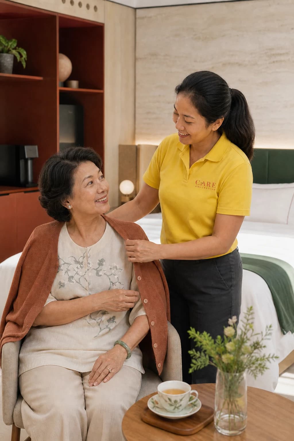 A caregiver supporting a resident in the morning