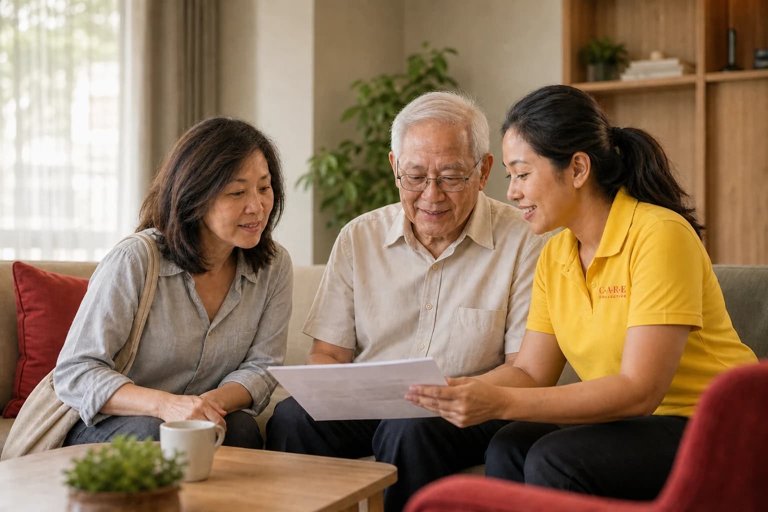 A resident and family reviewing a care plan with staff