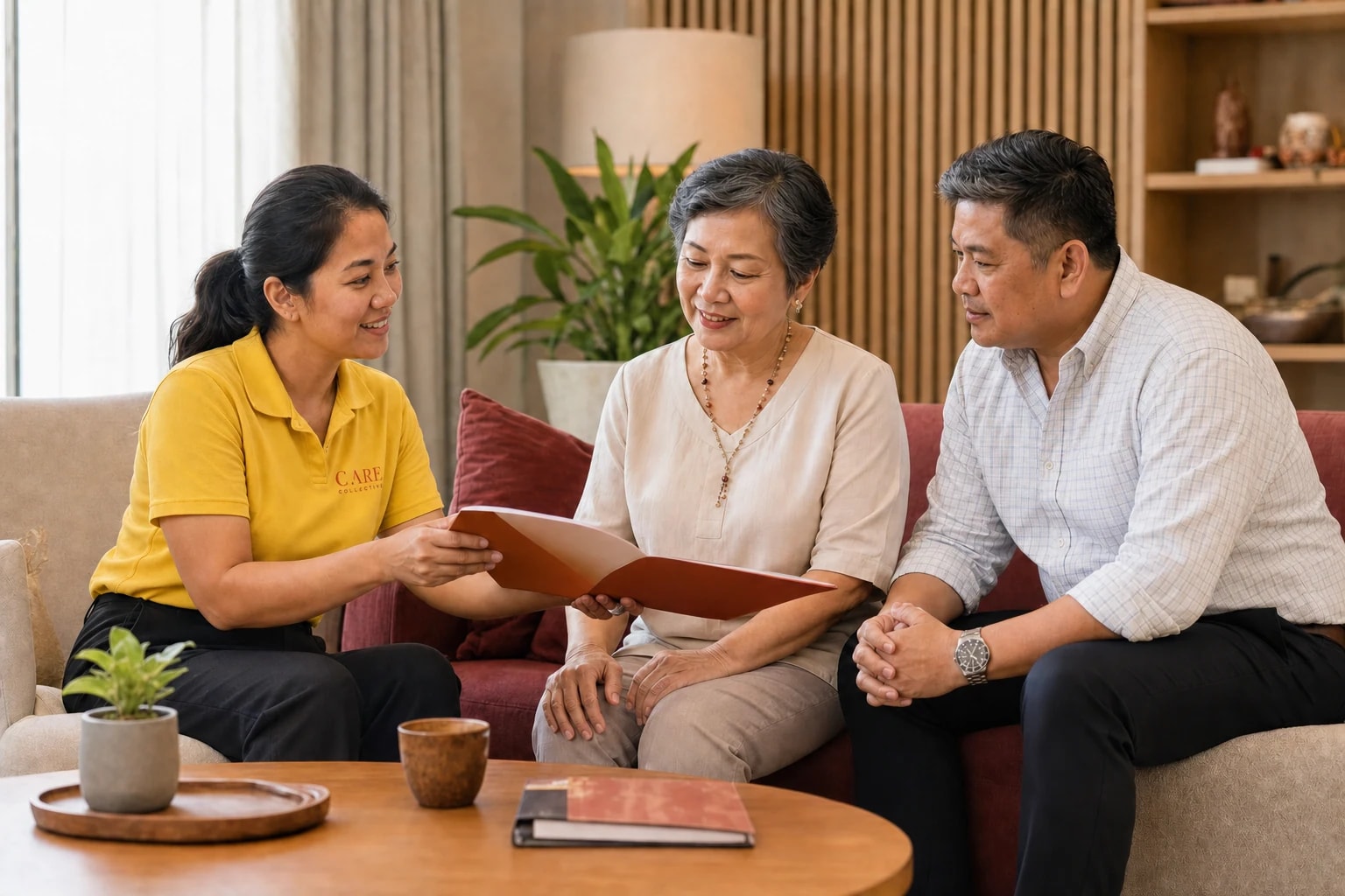 A resident and family reviewing a care plan with staff