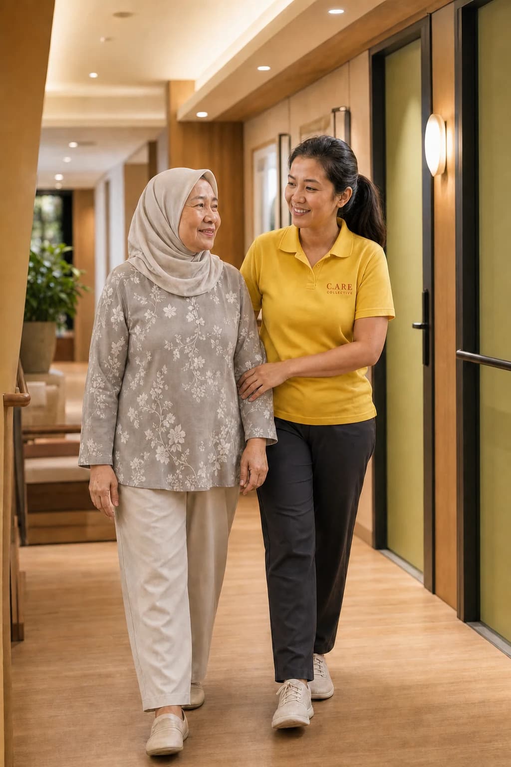 A resident walking the corridor with staff nearby