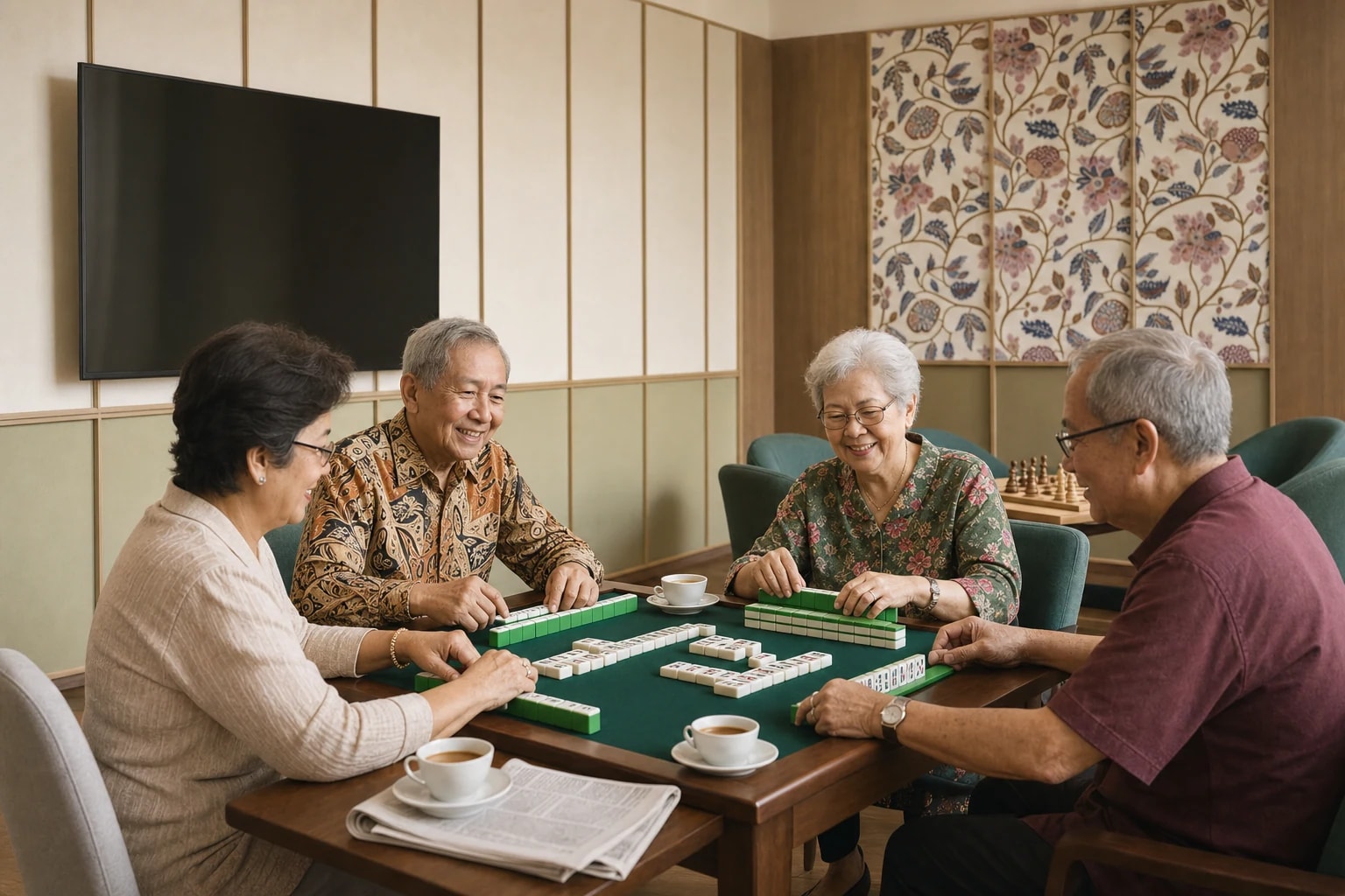 Members gathered around the Clubhouse social table
