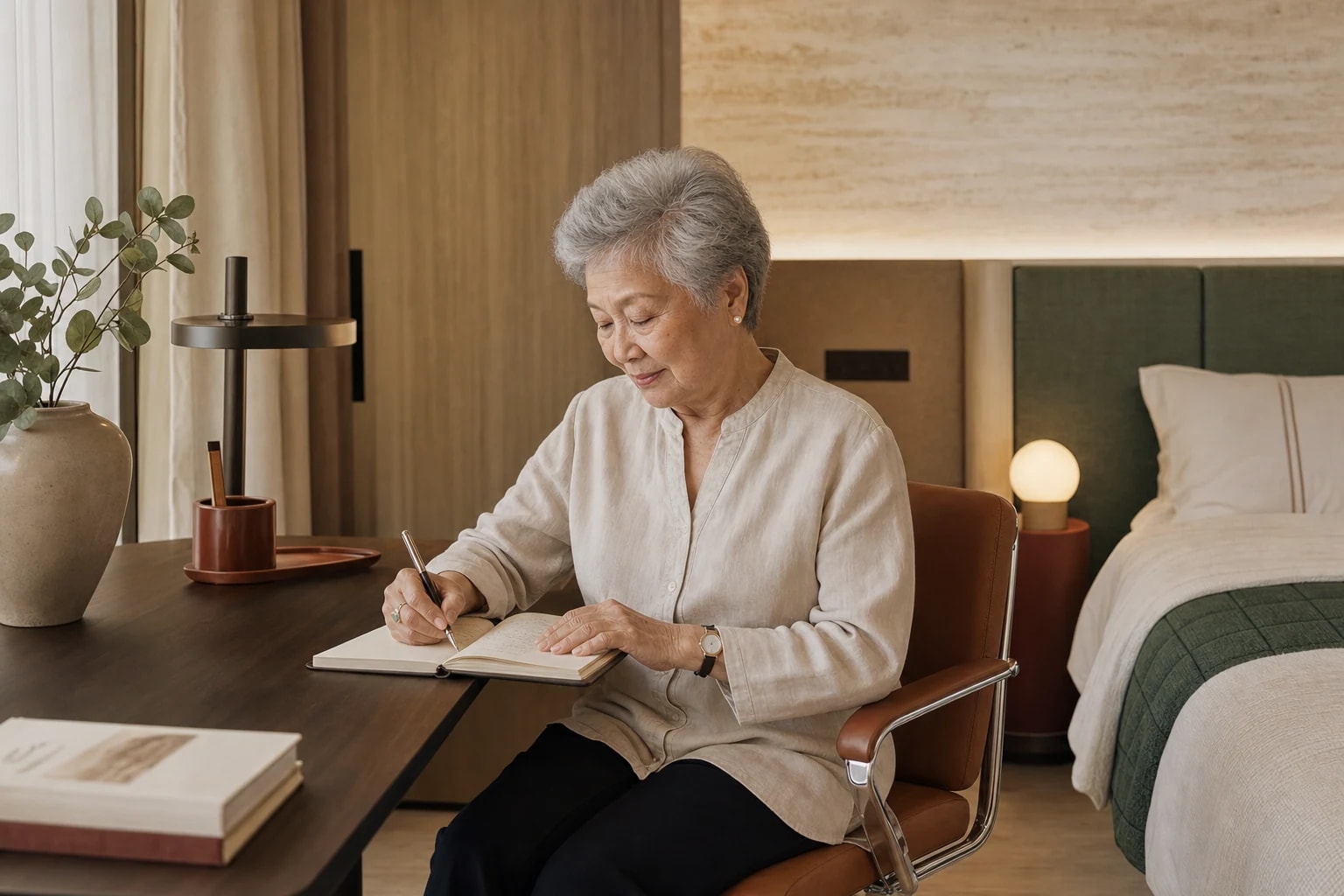 A resident reading in her retirement suite