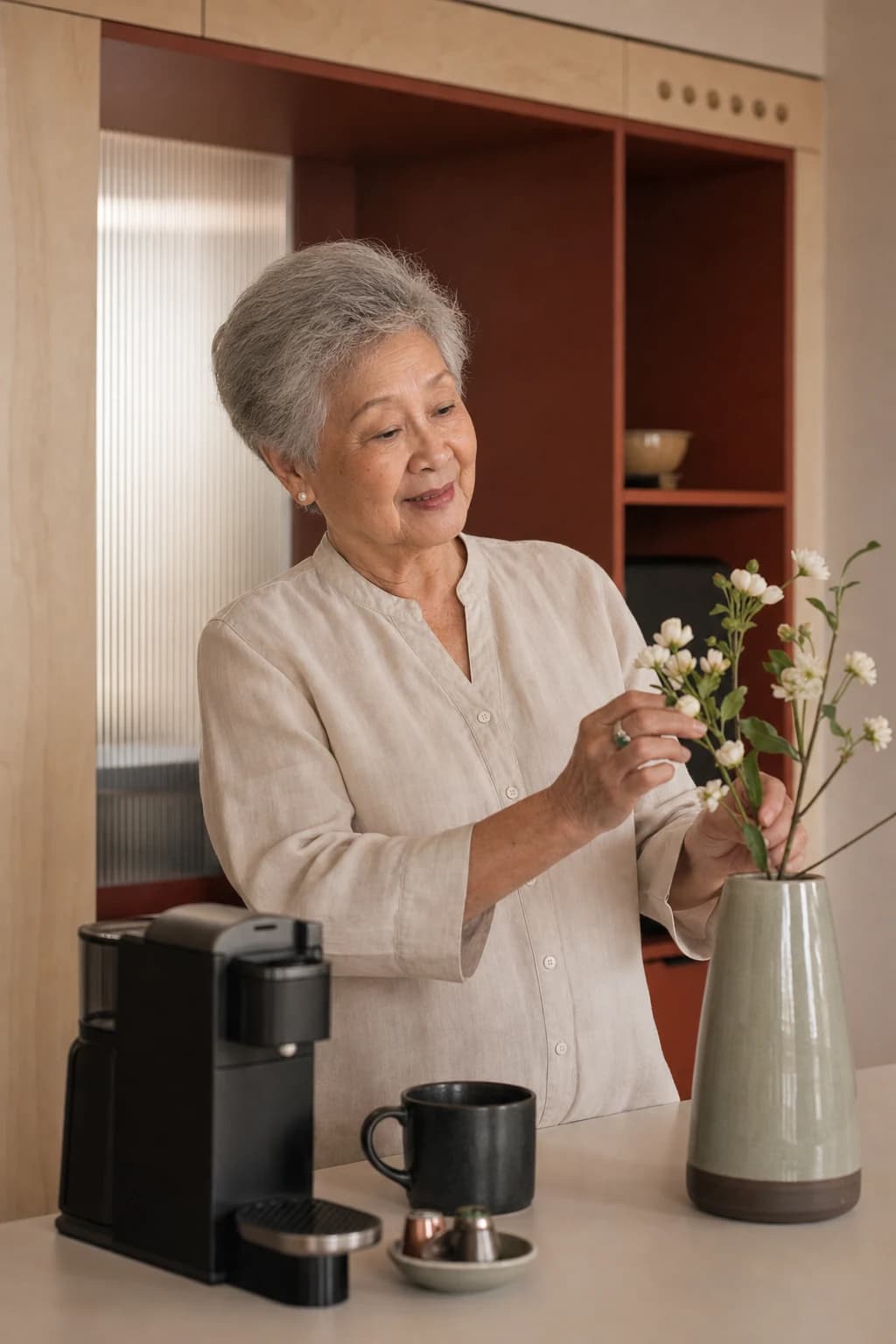 A resident arranging flowers beside the kitchenette
