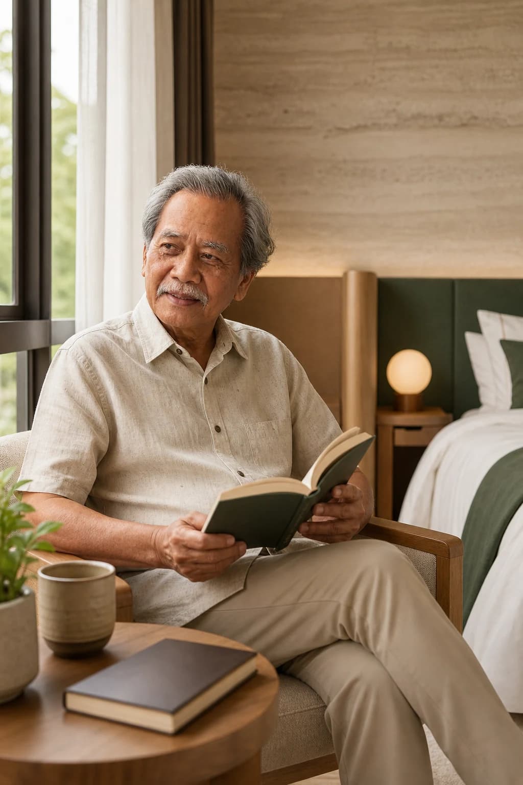 A polished resident reading in his suite
