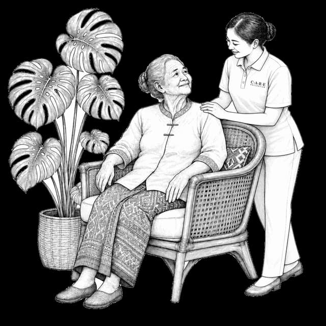 A caregiver attending to a resident seated in a rattan armchair